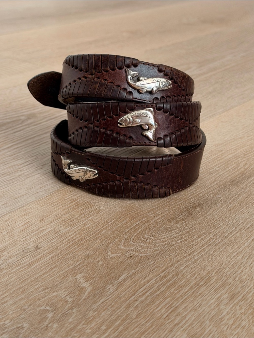 Brighton Leather Belt Embossed Woven Flying Fish Trout Conchos Silver Tone 36”